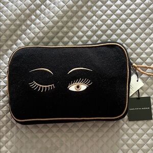 Saks Fifth Avenue Black and Gold Eye-Embroidered Cosmetic Bag